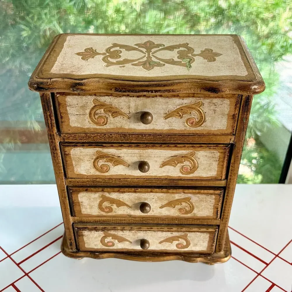 Vintage Mele Japan 4 Drawer Musical Jewelry Box Florentine Gold Red Velvet
